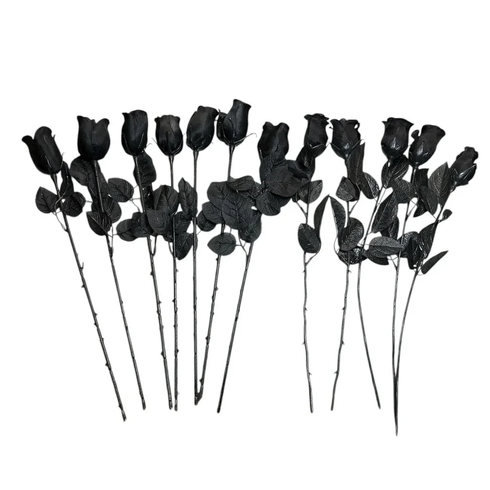 12 Artificial Black Rose Buds Long Stem Flowers - 7 with Purple Accent + 5 Solid